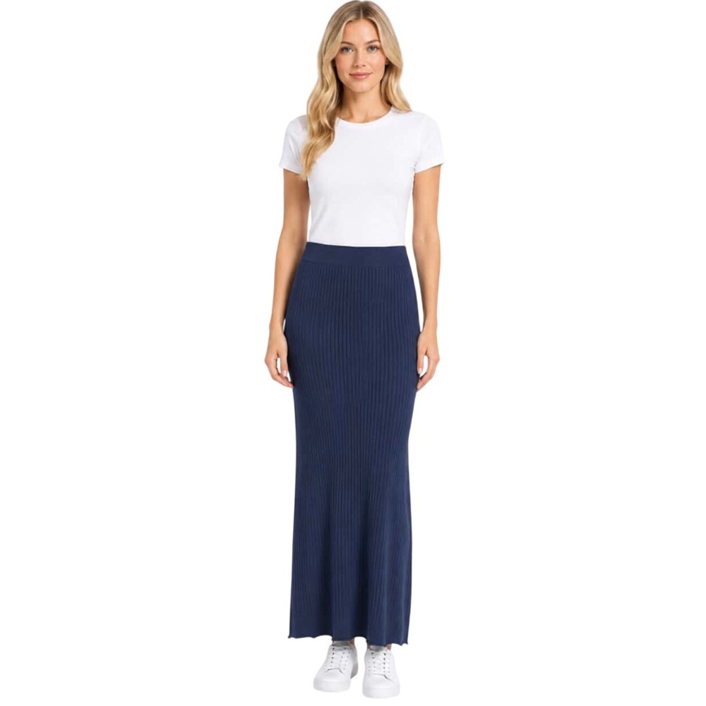 Petal And Pup Blue Ribbed Stretch Knit Pull On Maxi Skirt Size XL Extra Large